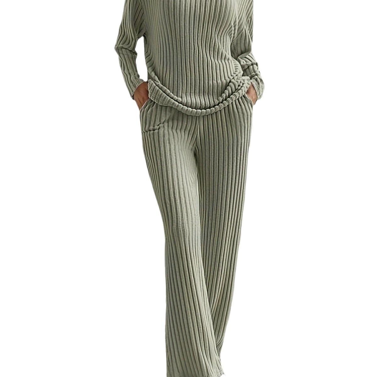 Straight-leg Pants With A Loose And Elegant V-neck Ribbed Two-piece Set