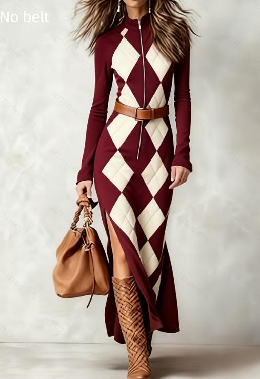 Plaid Zipper Waist-cinching Casual Long-Sleeved Dress