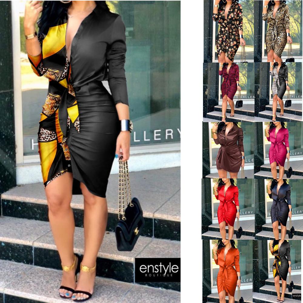 Women's Lace-up Solid Color Long-sleeved Shirt Dress