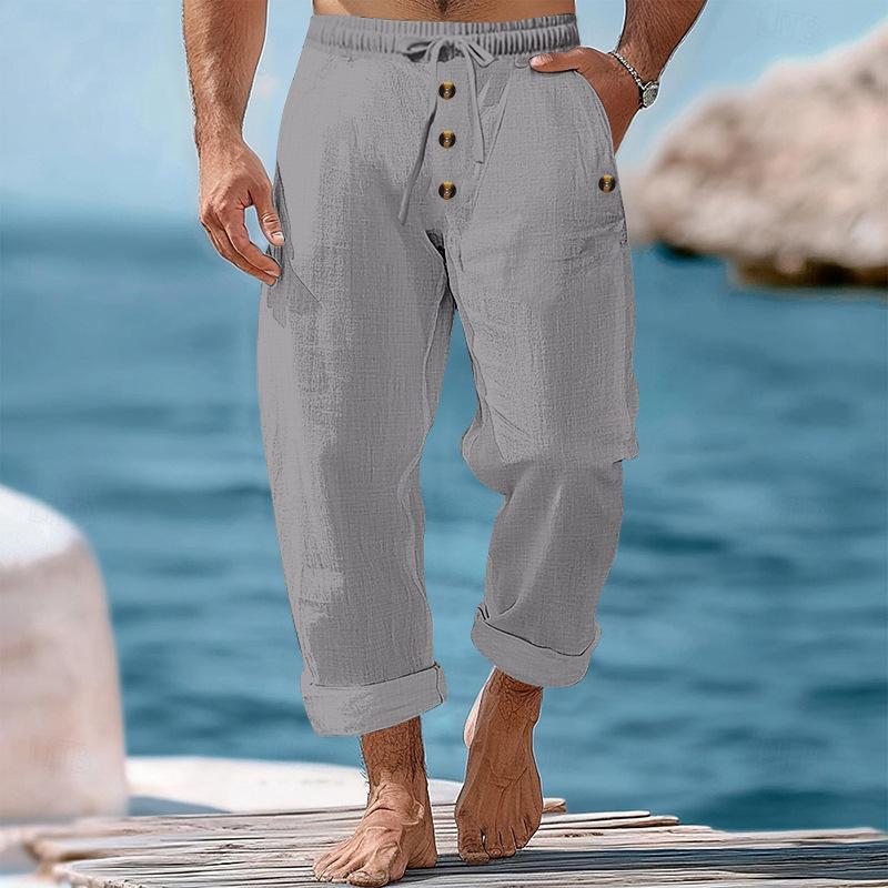Cross-border Amazon Independent Station Cotton Linen Loose Drawstring Button Casual Trousers