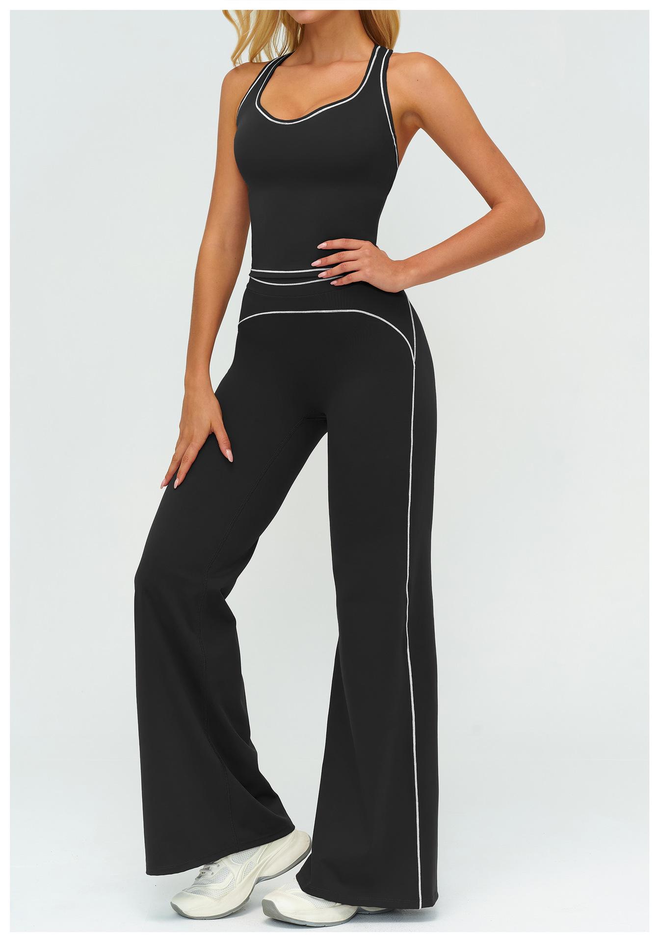 Womens Yoga Set V-neck Sleeveless Tops And Slim Straight Pants Summer Gym Sports Clothing