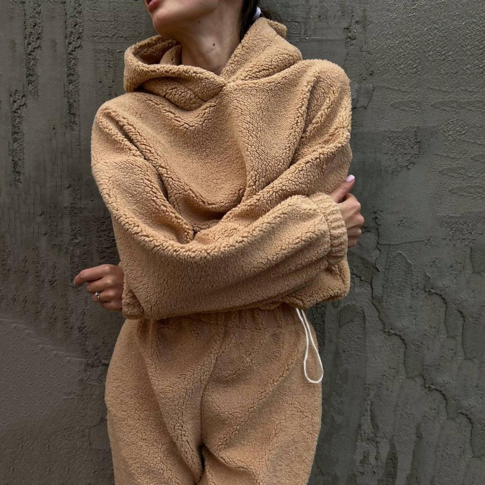 Polar Fleece Round Neck Pullover Long Sleeve Two-piece Set Smart Trousers Suit