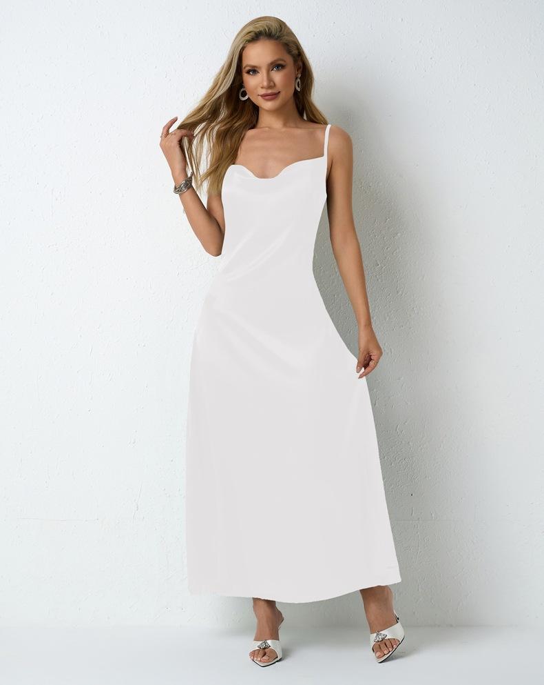 Female Casual Versatile Solid Color Satin Dress Women Pleated Sleeveless