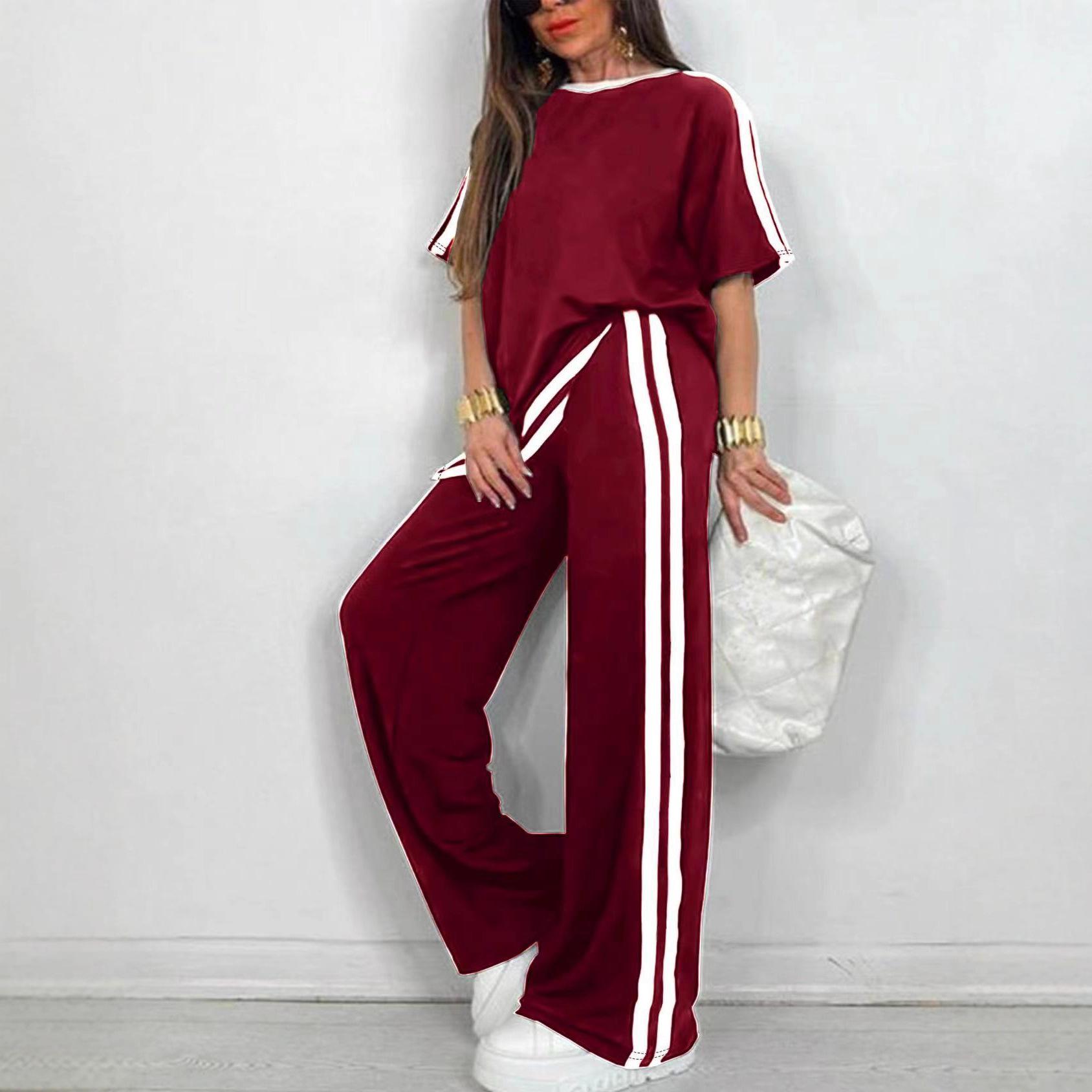 Fashionable Casual Striped Pants And Short-Sleeve Crew-Neck Set