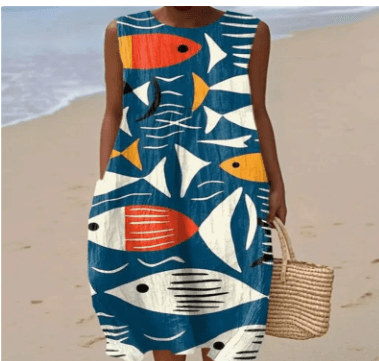 Women's Casual Printed Pocket Round Neck Dress