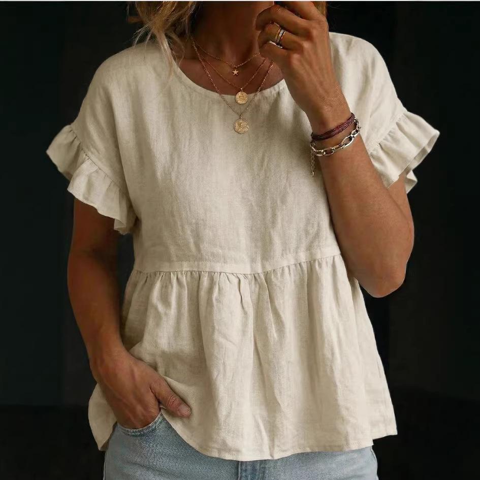 Solid-color Crewneck Short-sleeve Ruched Casual Shirt
