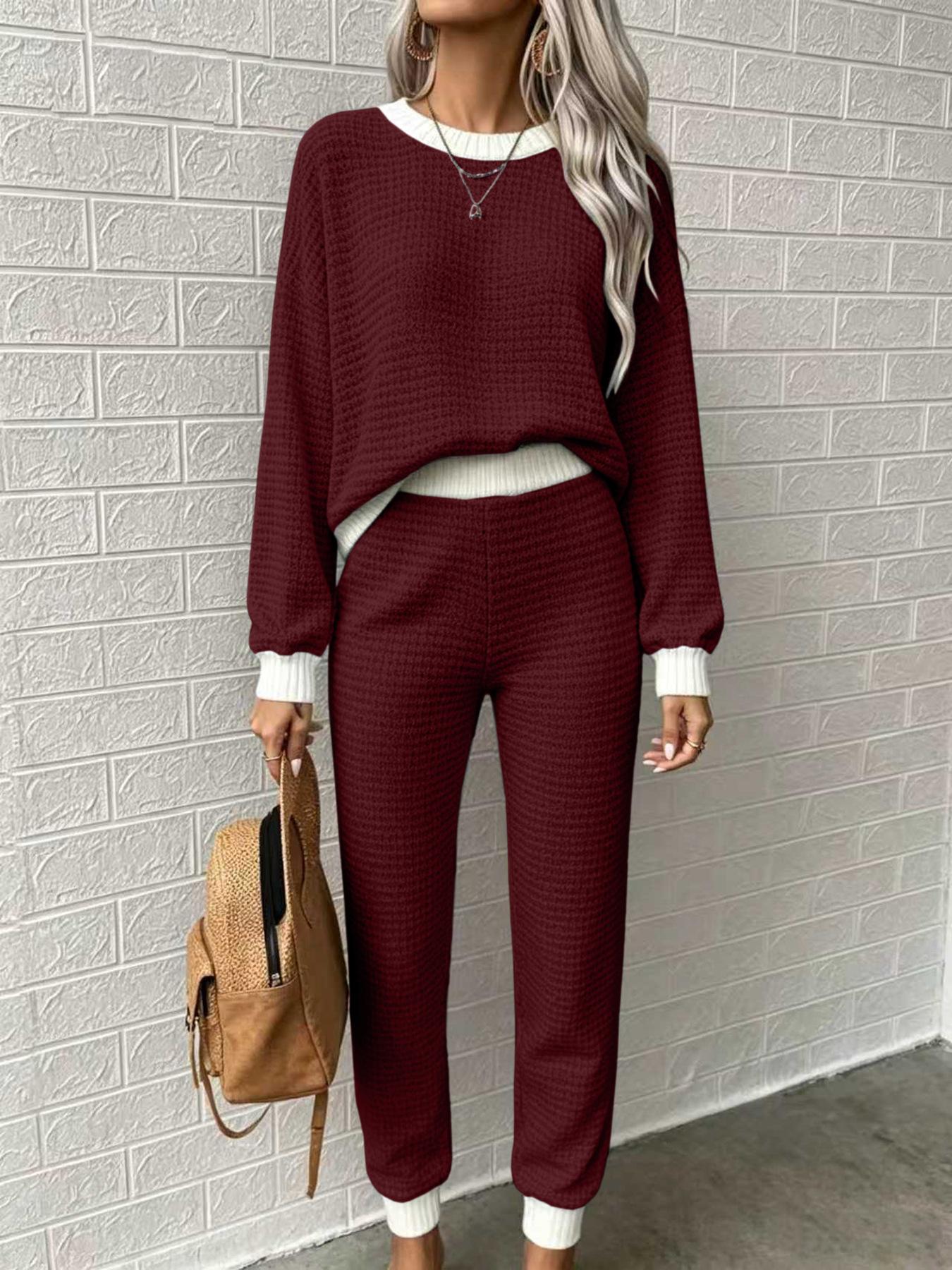 Womens Casual Waffle-Weave Drawstring Crew-Neck Sweatshirt And Pants Two-Piece Set