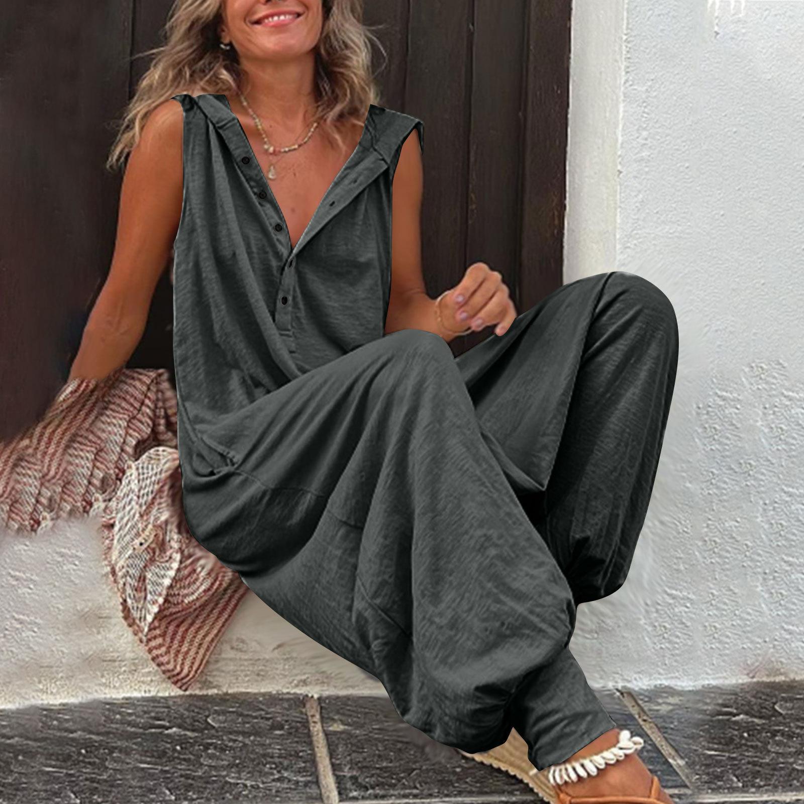 Buttoned Hooded Sleeveless Pants For Women