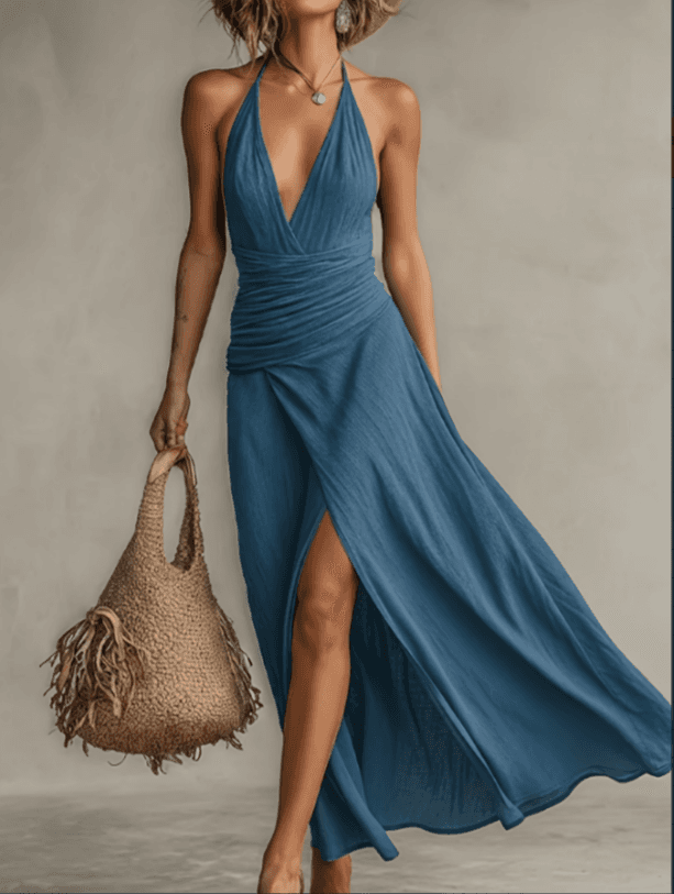 Hanging Neck Deep V-fold Split Vacation Long Dress