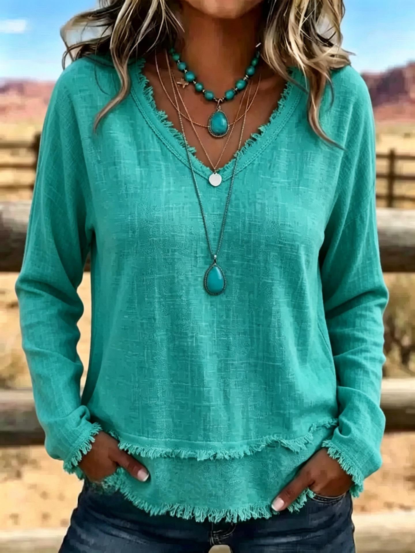 V-Neck Long Sleeve T-Shirt With Tassel Women's Loose Fit Casual Top For Daily Wear Clothing
