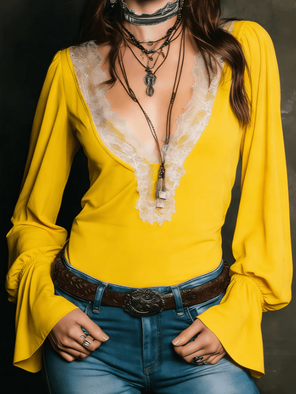 Lace V-neck Bell Sleeve Slim-fit Long-sleeved Top