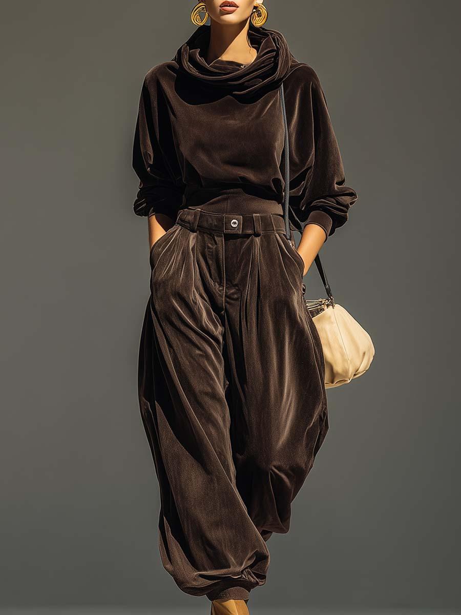 Velvet Hooded Long-sleeve With Tapered Pants Casual Set For Women