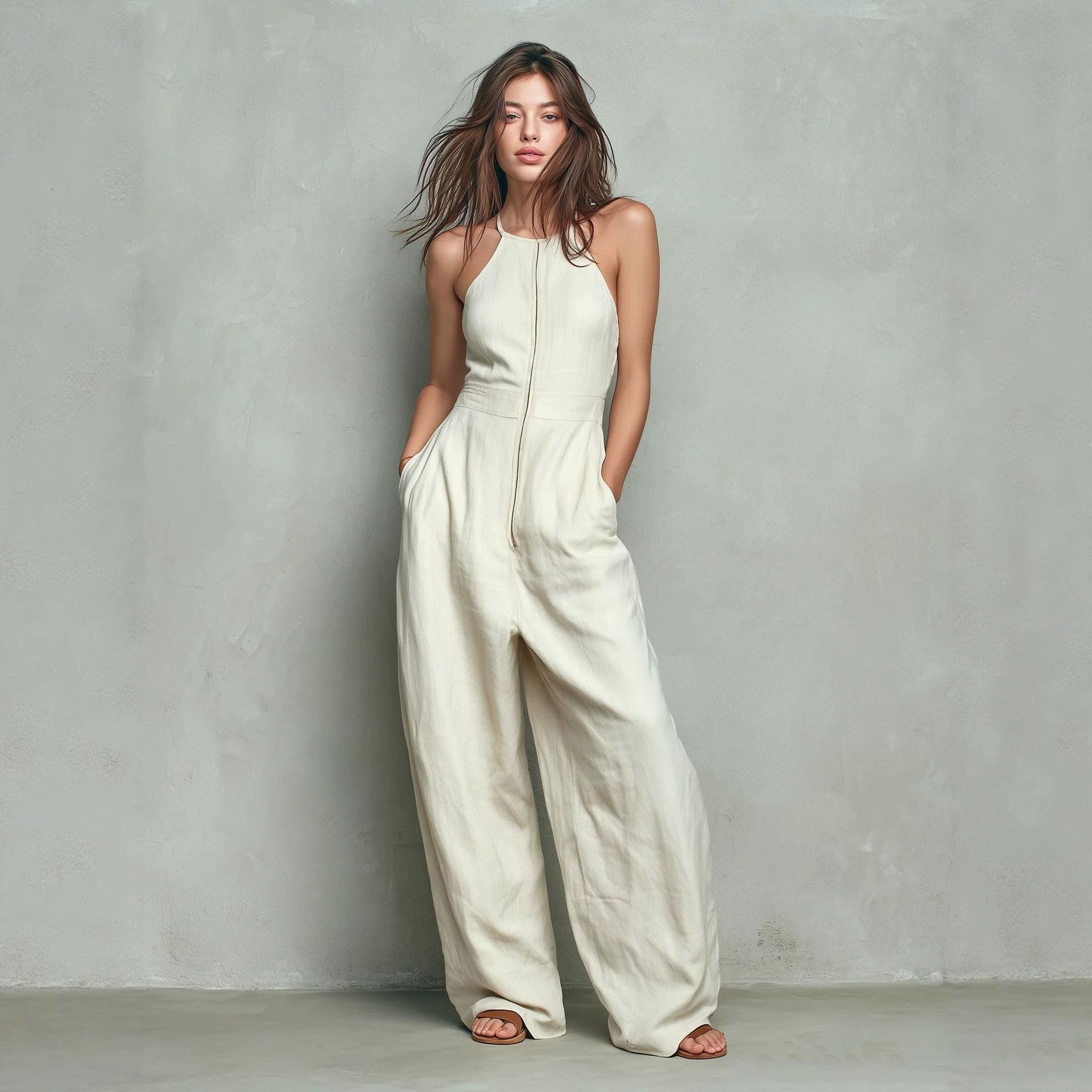 Womens Solid-color Zip-front Backless Wide-leg Relaxed-fit Jumpsuit