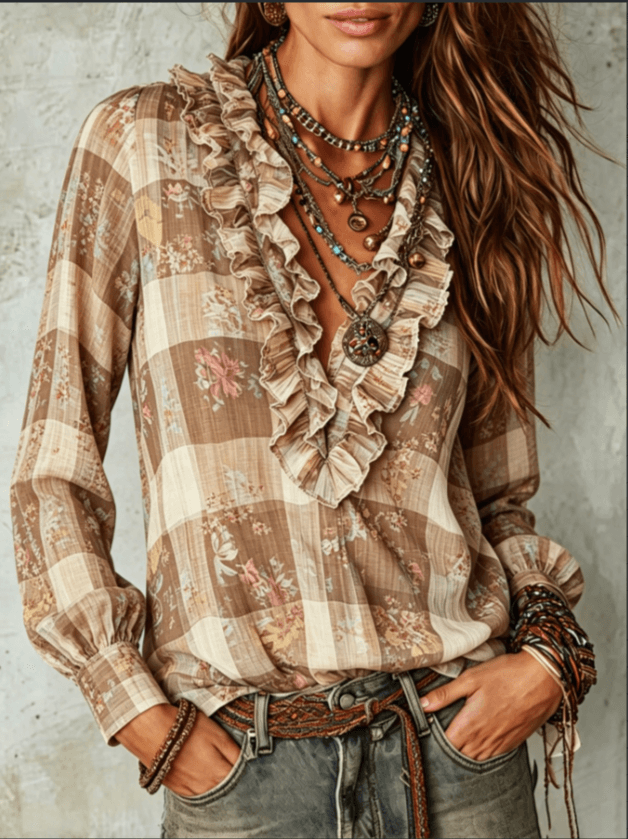 Ruffled V Neck Plaid Floral Print Bishop Cuff Long Sleeve Boho Blouse