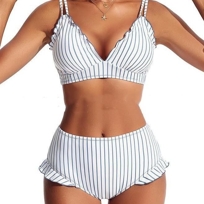 AliExpress European And American Amazon Split Striped Hollowed-Out Drawstring High-Waist Bikini Set Womens Swimsuit