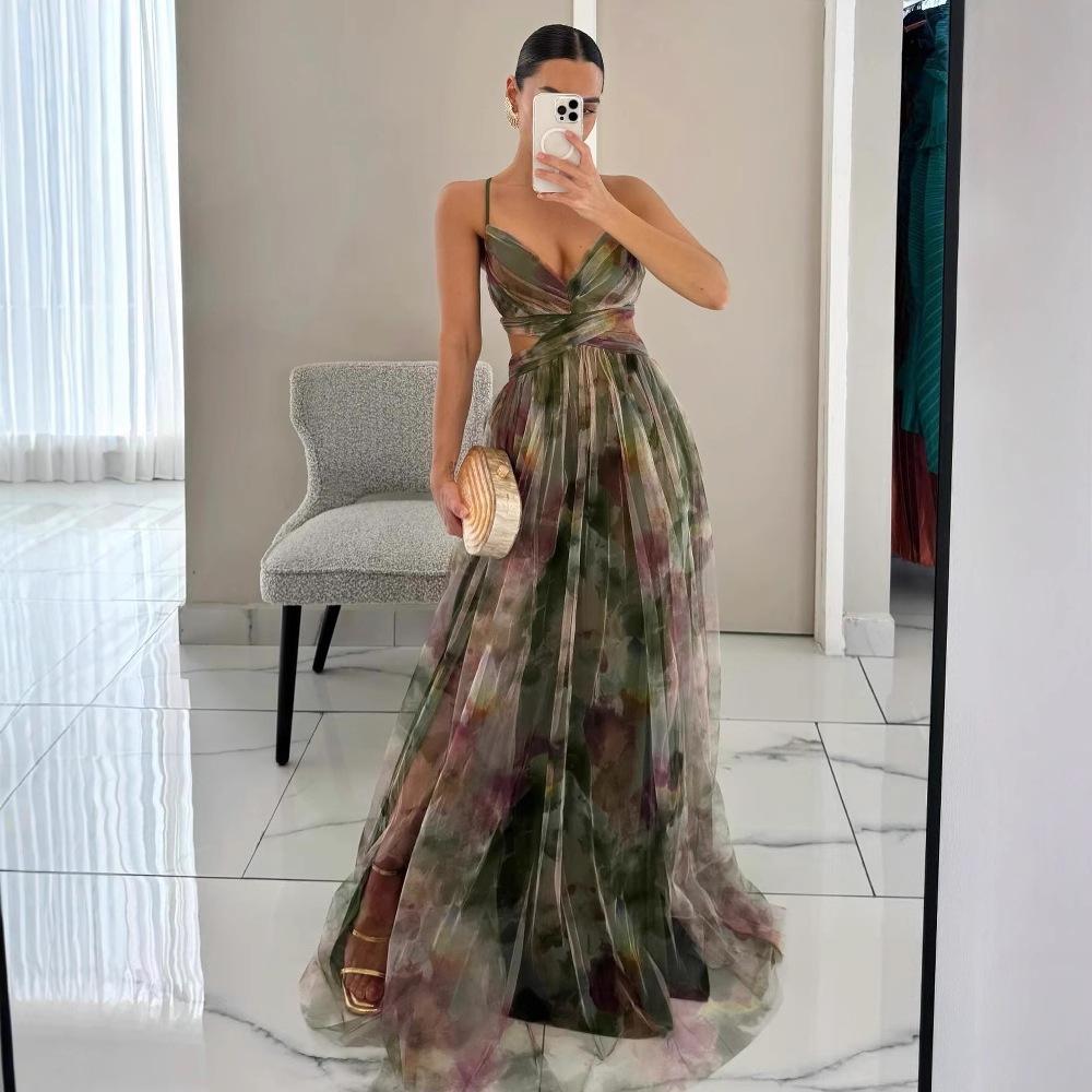 Summer New Mesh Print Spaghetti Strap Dress, Elegant & Sexy Vacation Lounge & Party Slip Dress