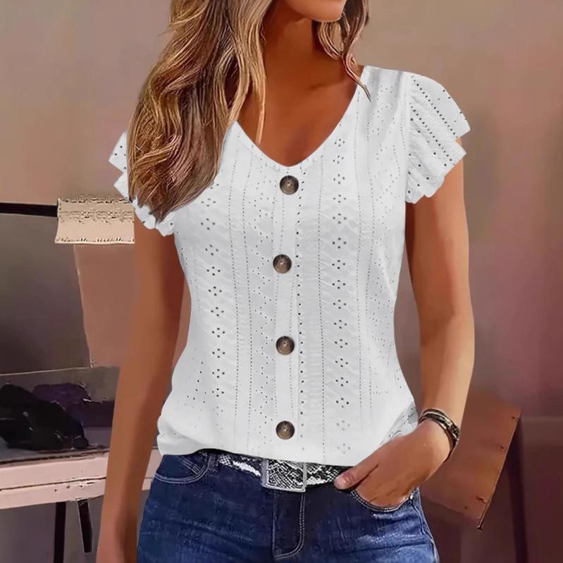 Solid Color Jacquard V-neck Buttons Long Sleeve T-shirt