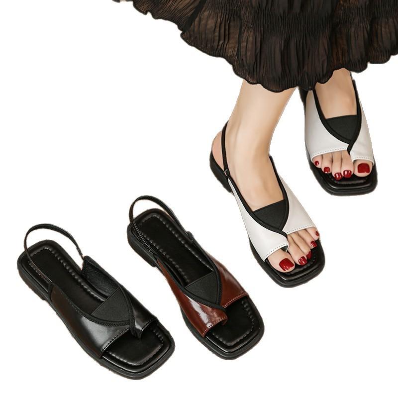 Thong-strap Roman-style Square-toe Womens Shoes, Casual Foreign-trade Solid-color Sandals