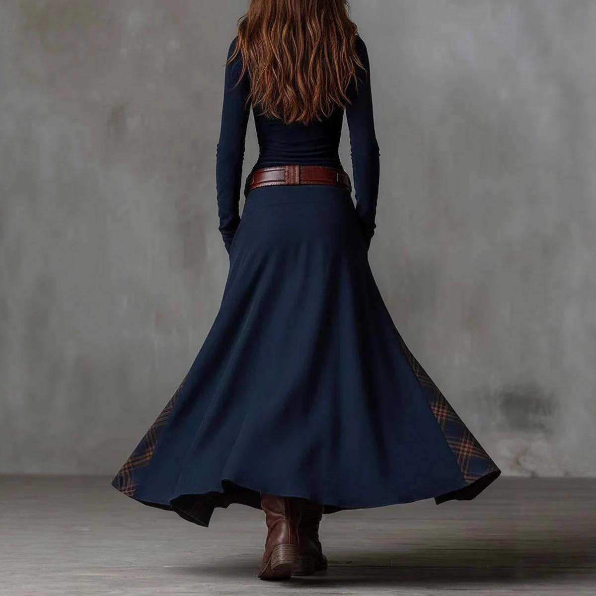 Retro Patchwork Patch Wide Leg Loose Long Sleeve Long Dress