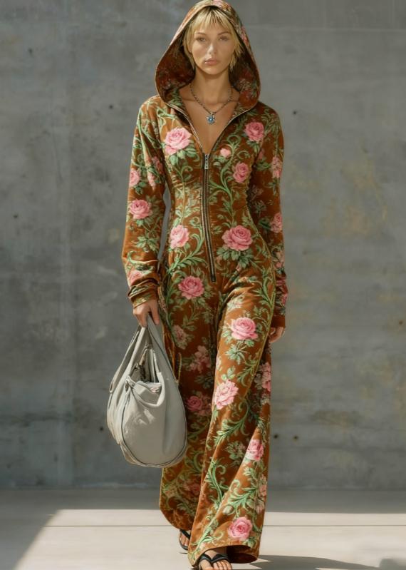 Printed Casual Hooded Zip-up Slim-fit Long Jumpsuit