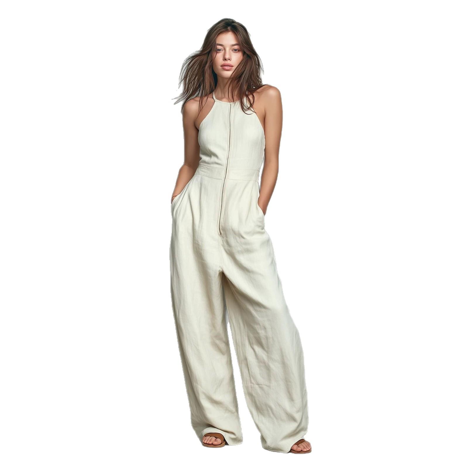 Womens Solid-color Zip-front Backless Wide-leg Relaxed-fit Jumpsuit