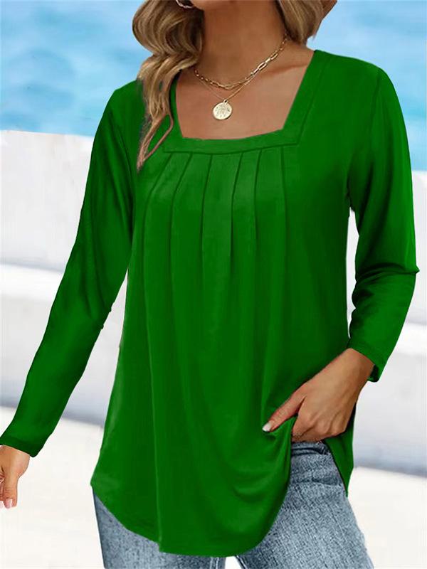 Women's Pleated Square Collar Long Sleeve Imitation Cotton Large Size T-shirt