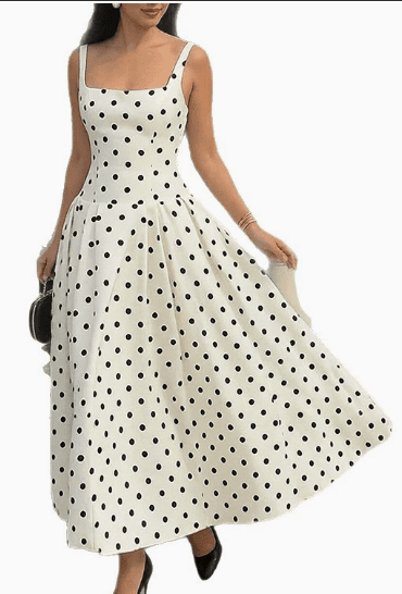 Square Neck Polka Dot Waisted A-Line Midi Dress