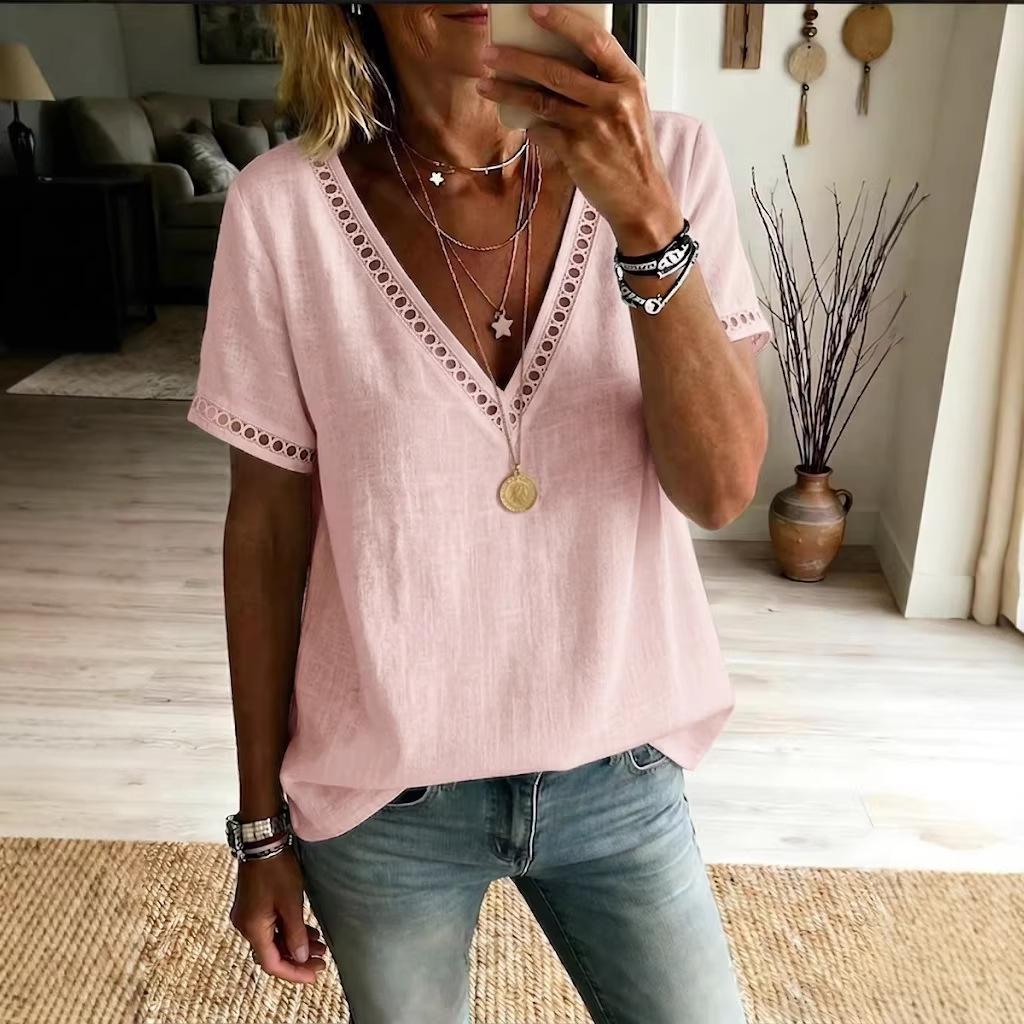 Women's Casual Patchwork Hollow-Out Lace V-Neck Short-Sleeve Top