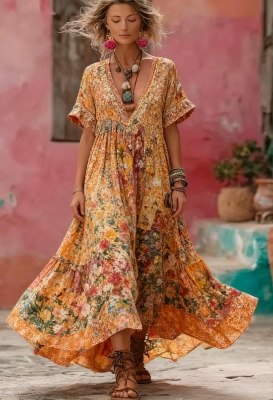 Women's Floral Embroidery Patchwork Art V-Neck Long Dress
