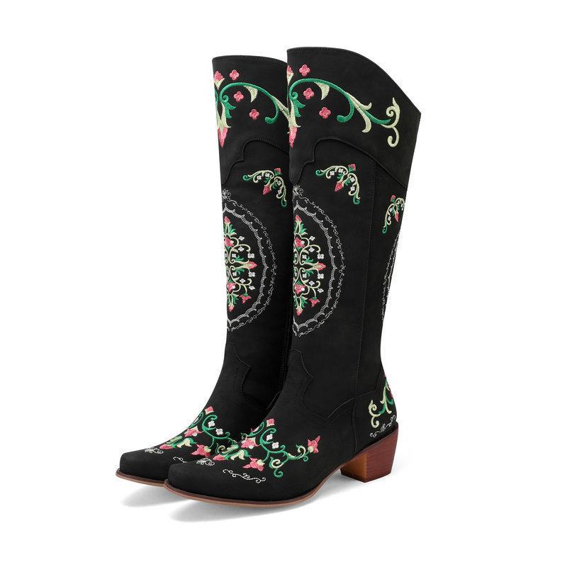 Chunky-Heel Retro Embroidered Side-Zip Colorblock Western Mid-Calf Boots Womens Boots