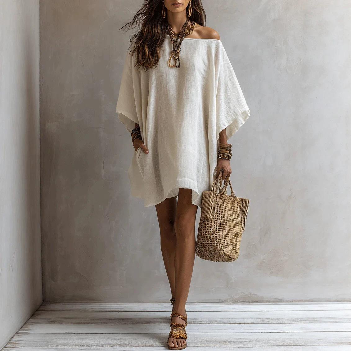 Off-shoulder Loose-fitting Batwing-sleeve Dress For Women