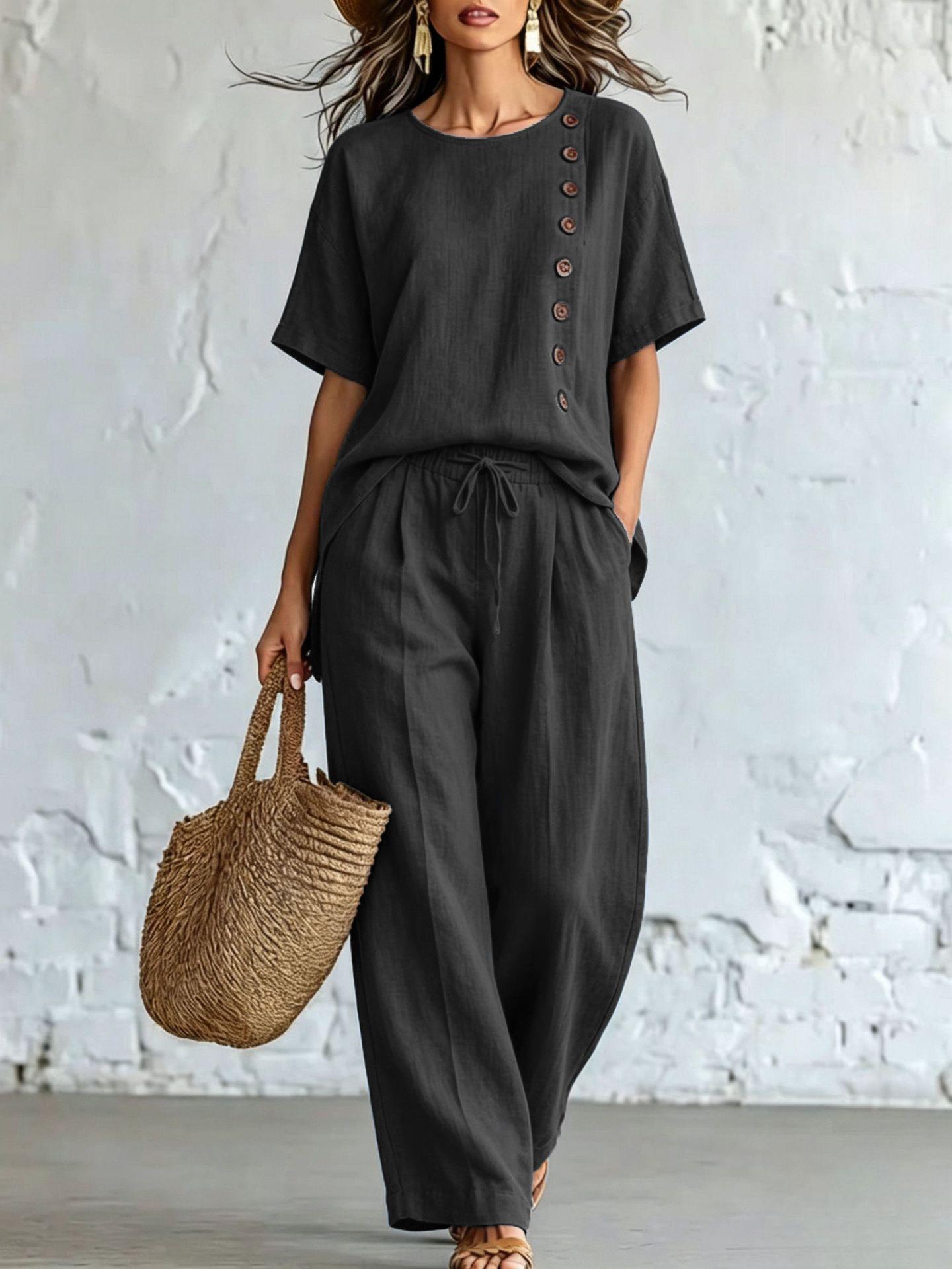 Womens Relaxed-fit Short-sleeve Top With Side-button Detailing And Wide-leg Pants Set