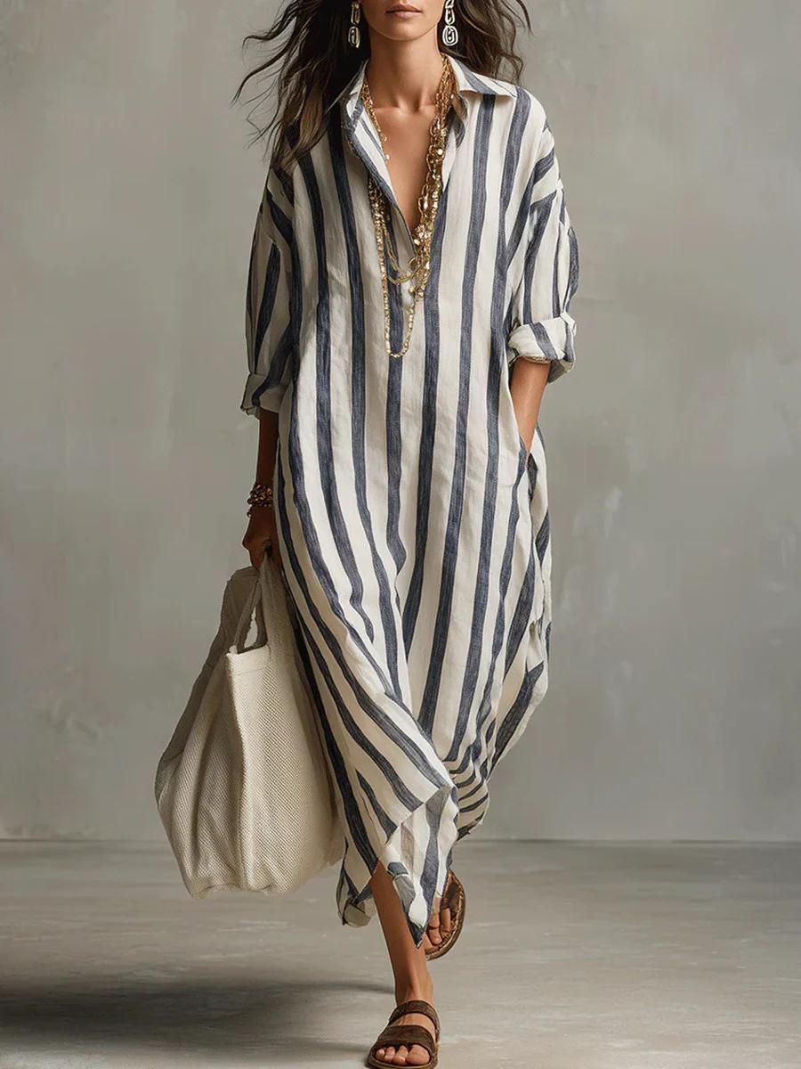 Stylish Loose V-neck Long Striped Sleeve Shirt Dress For Women Summer