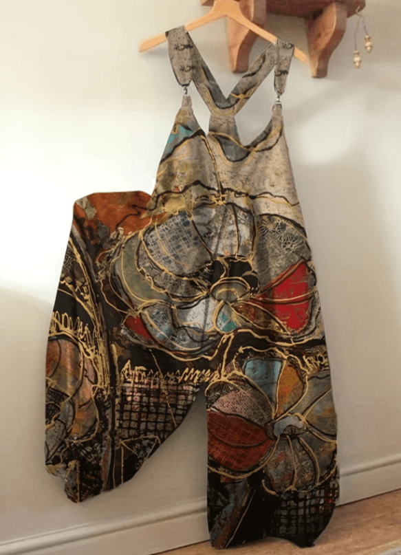 Bohemian Style Colorful Patchwork Overalls Wide-leg Jumpsuit For Women