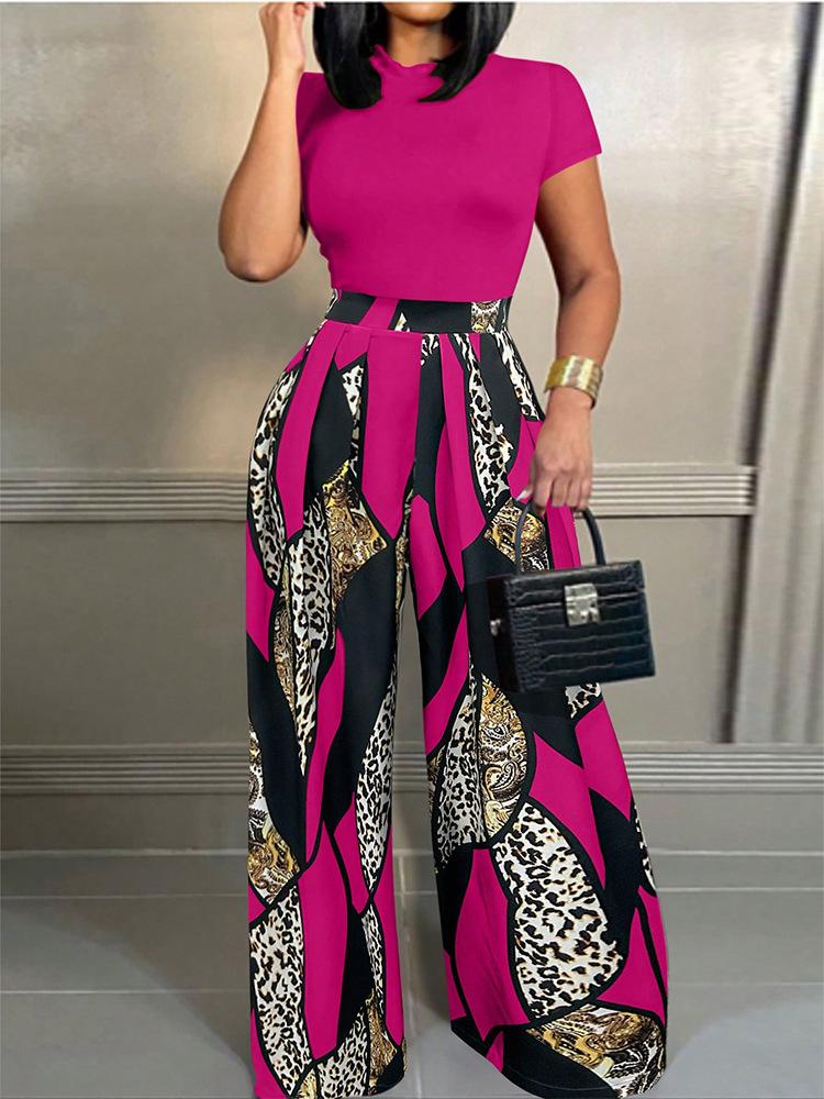 European And American-style Short-sleeve Slim-fit T-shirt And Elastic-waist Printed Wide-leg Pants Two-piece Set