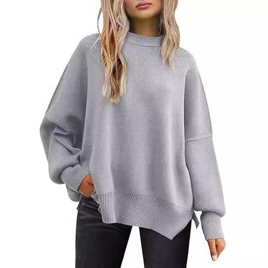 Thick Needle Side Slit Sweater Round Neck Loose Solid Color Batwing Long Sleeve Sweater For Women