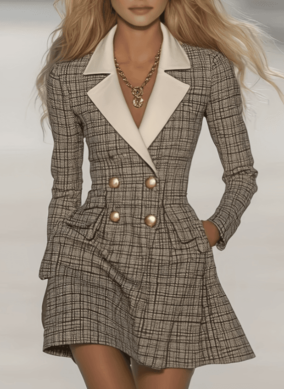 Plaid Color-blocked Lapel Double-breasted Fitted A-line Short Suit Skirt