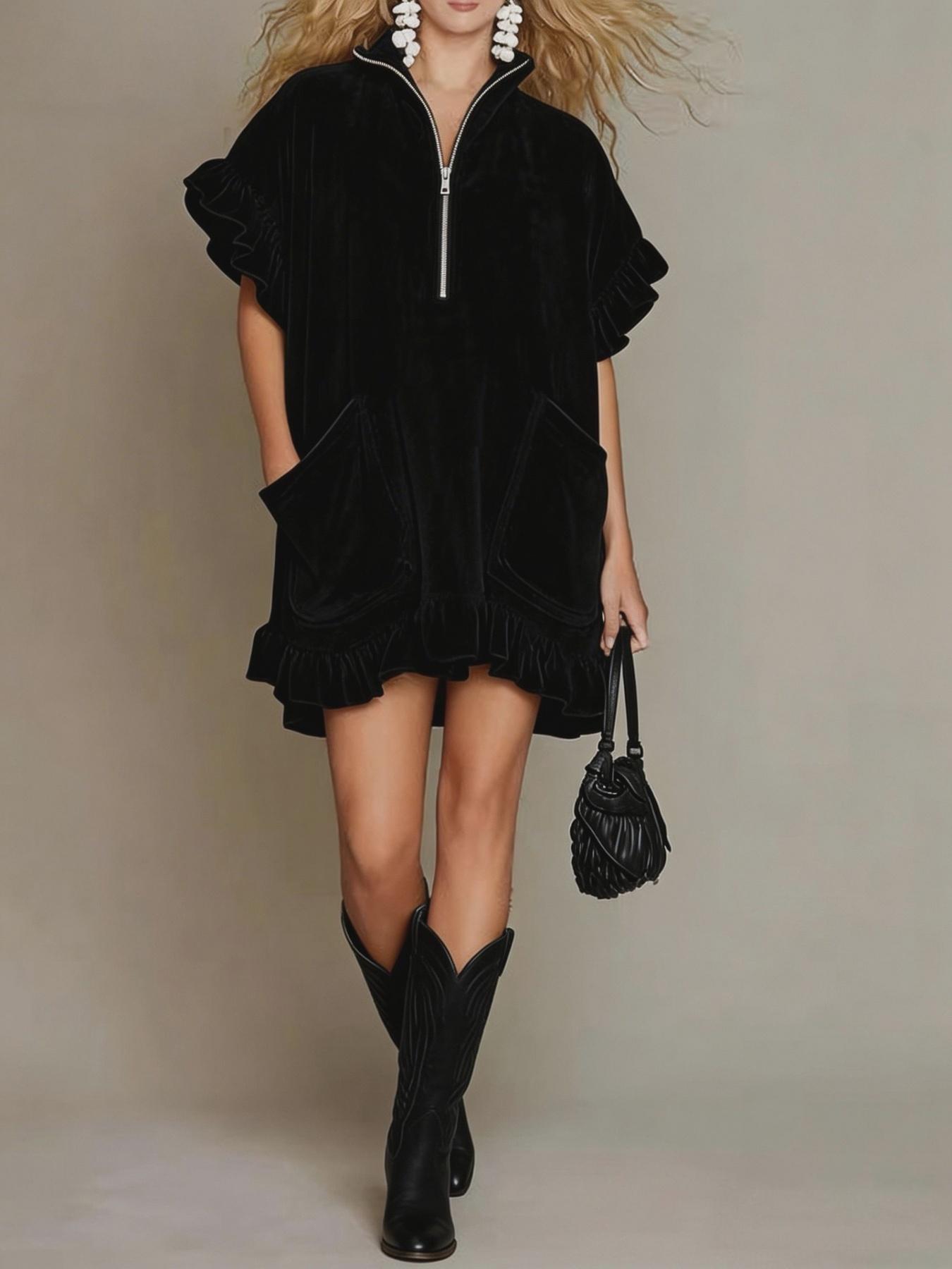 Women's New Spring And Summer Short-sleeved Double Pocket Dress Zipper Ruffle Sleeve A-line Skirt For Women
