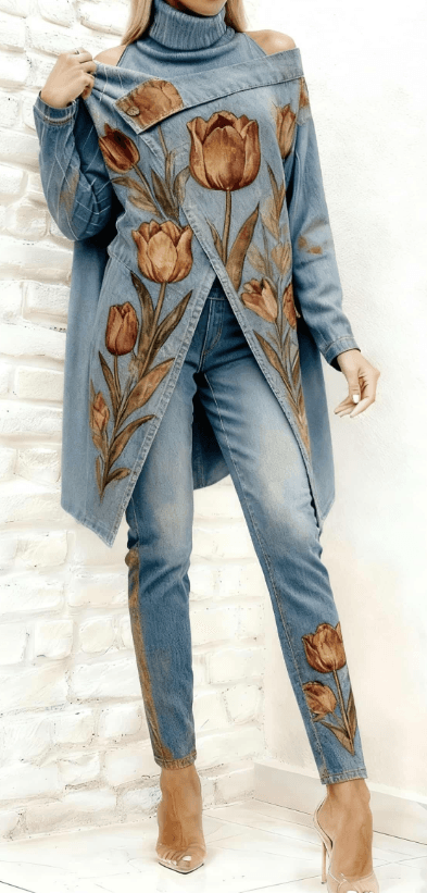Simple And Stylish Two-piece Suit, Asymmetrical Top, Slim-fit Trousers