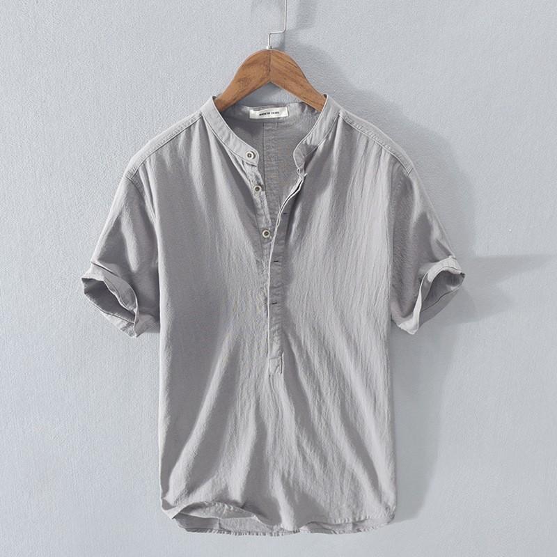 Solid-color Stand-collar Breathable Linen Casual Shirt
