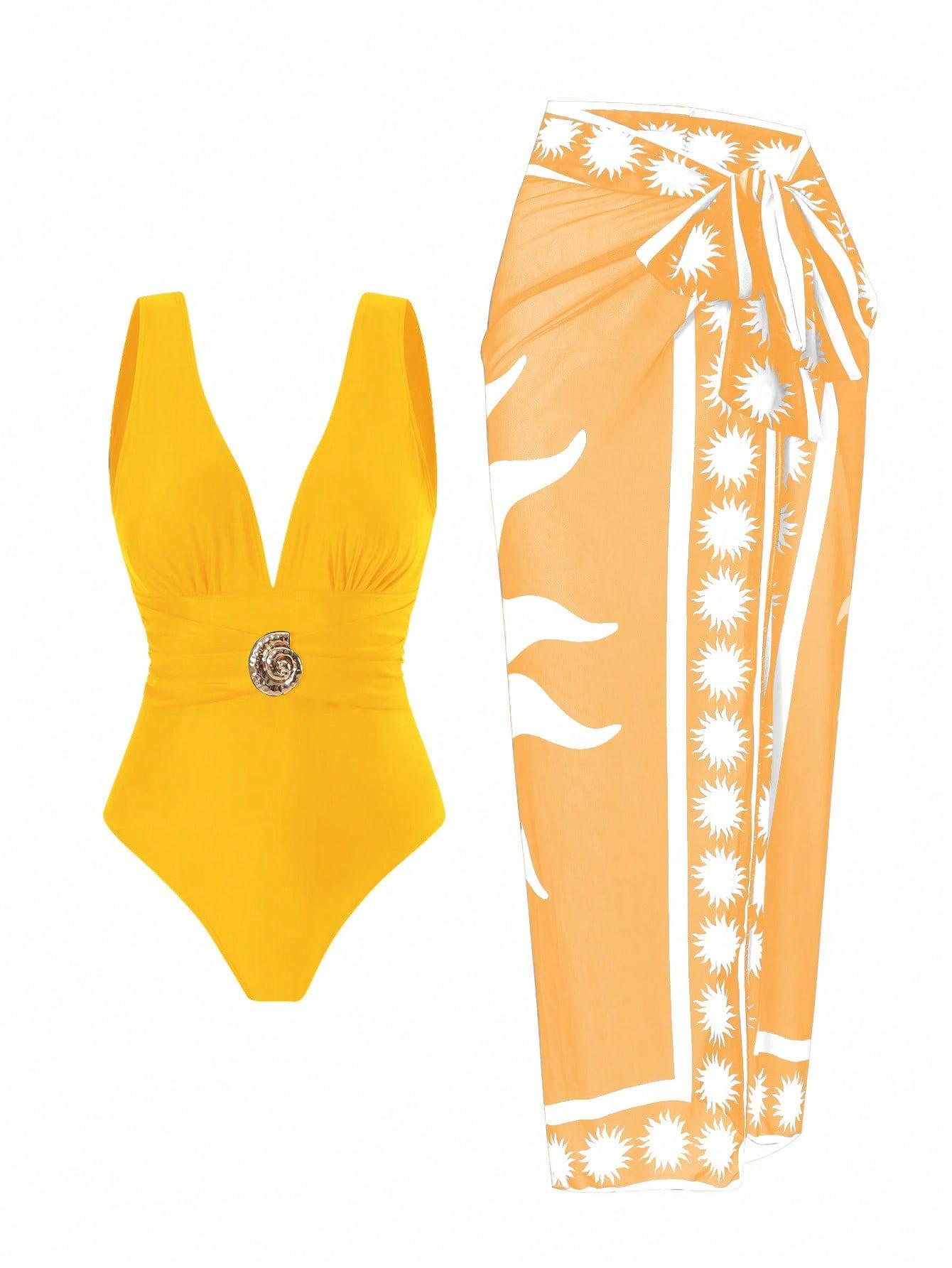 One-piece Deep-V Swimsuit With Printed Beach Dress Set