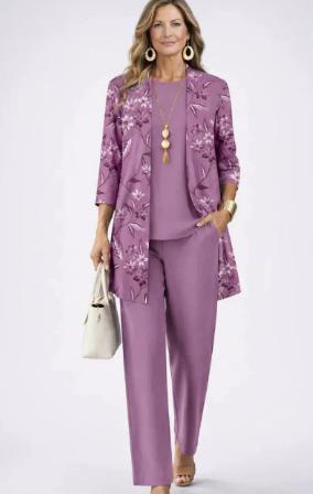 Printed Cardigan Jacket With Solid Color Inner Strap Casual Pants