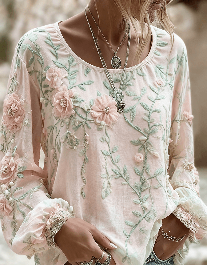 Women's Bohemian Style V-Neck Long Sleeve Shirt - Loose Printed Top