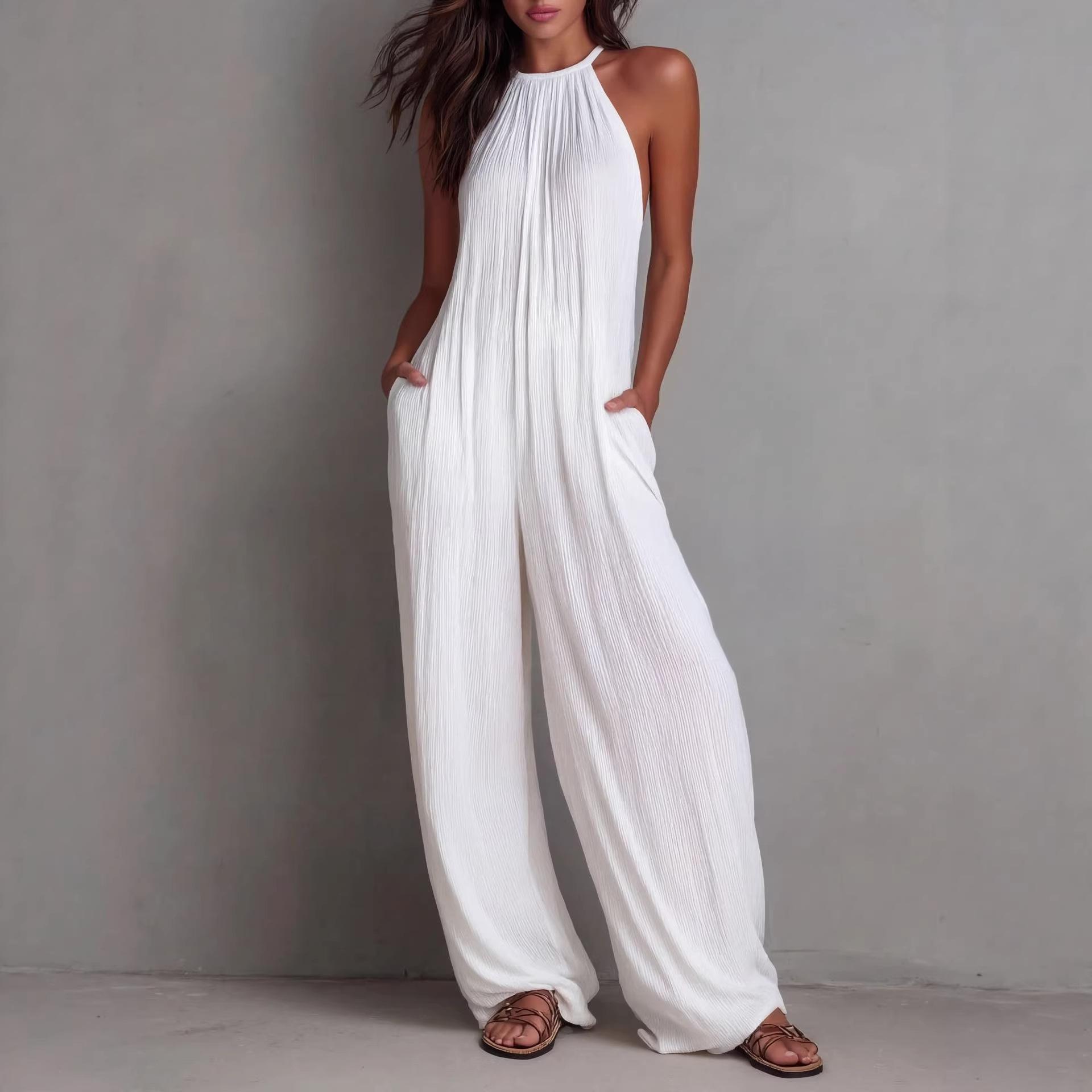 Resort-style White Pleated Open-back Wide-leg Jumpsuit