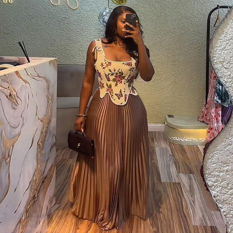 Women's Printed Waist-controlled Vest High Waist Pleated Skirt Two-piece Set