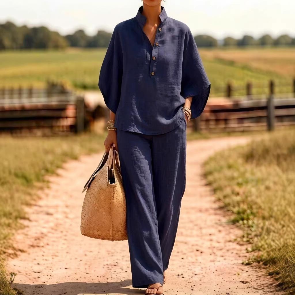 Linen Two-Piece Set For Women Shirt And Wide-Leg Pants