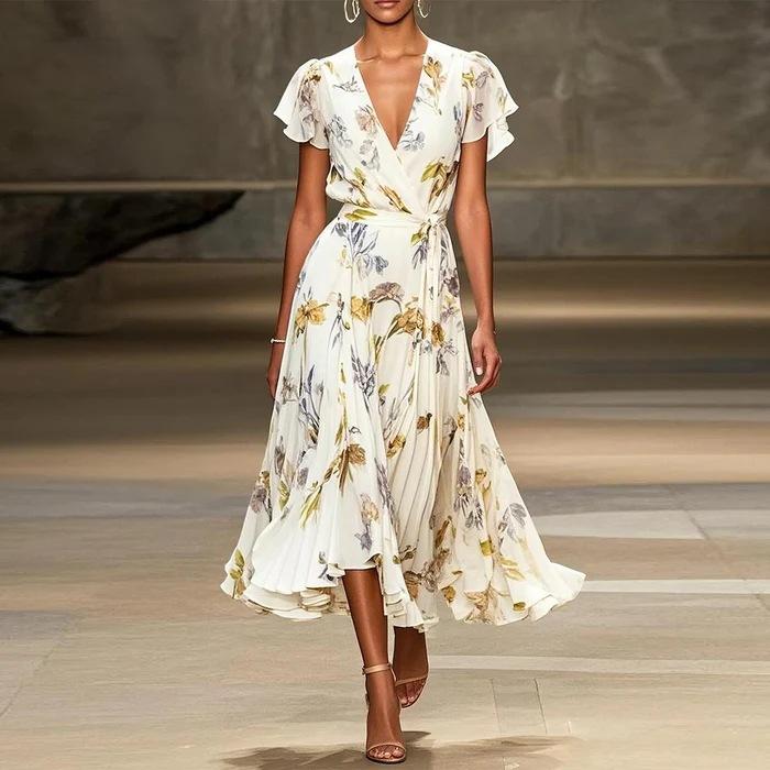 European And American Women's V-neck Short Sleeve Dress Temperament Printed
