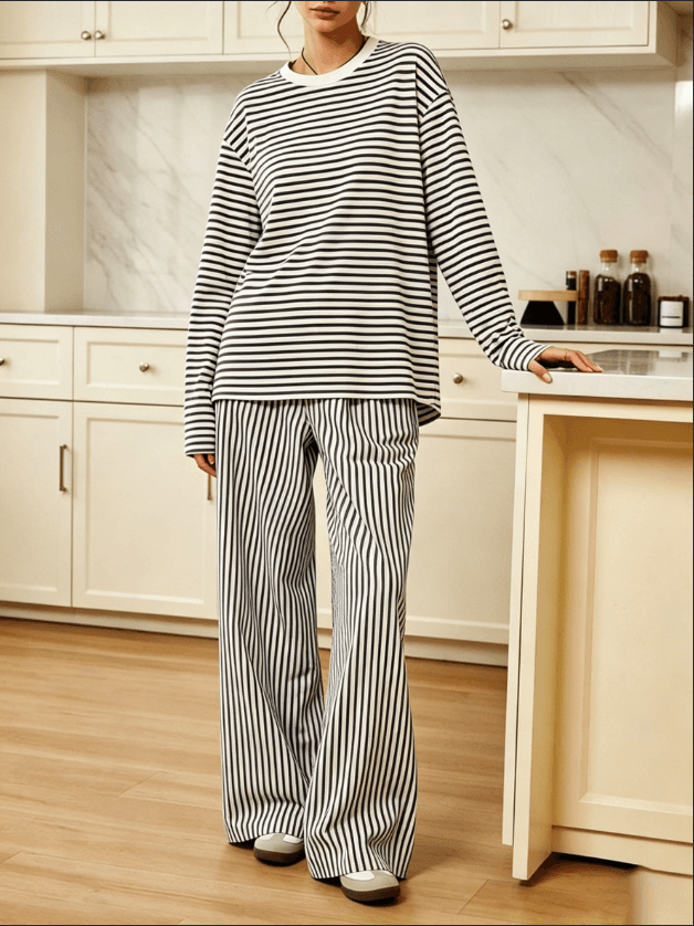 Round Neck Horizontal Stripe Long Sleeve Top & Vertical Stripe Wide Leg Pants Loungewear Two Piece Set