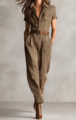 Vintage Plaid Lapel Short-sleeve Waist-cinched Utility Jumpsuit