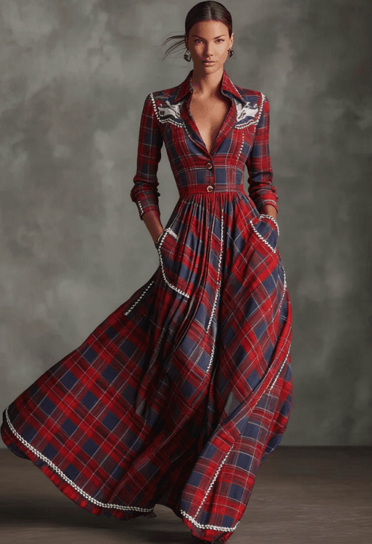 Retro Plaid Lapel Fitted Waist Long Sleeve Flowy Long Dress